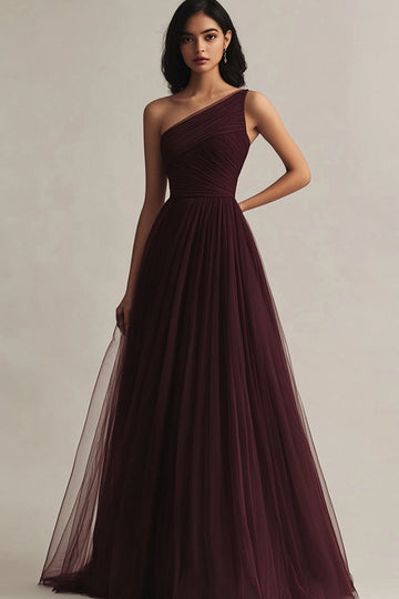 Burgundy Tulle One Shoulder A Line Long Formal Dress